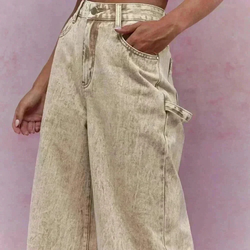 Khaki Casual Women's Washed Folded Hem Straight Leg Jeans - Picture 4 of 4